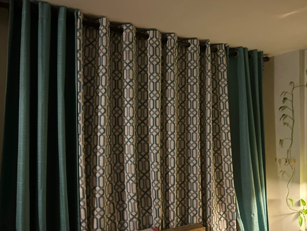 Set of Geometric Pattern and Solid Teal Curtains