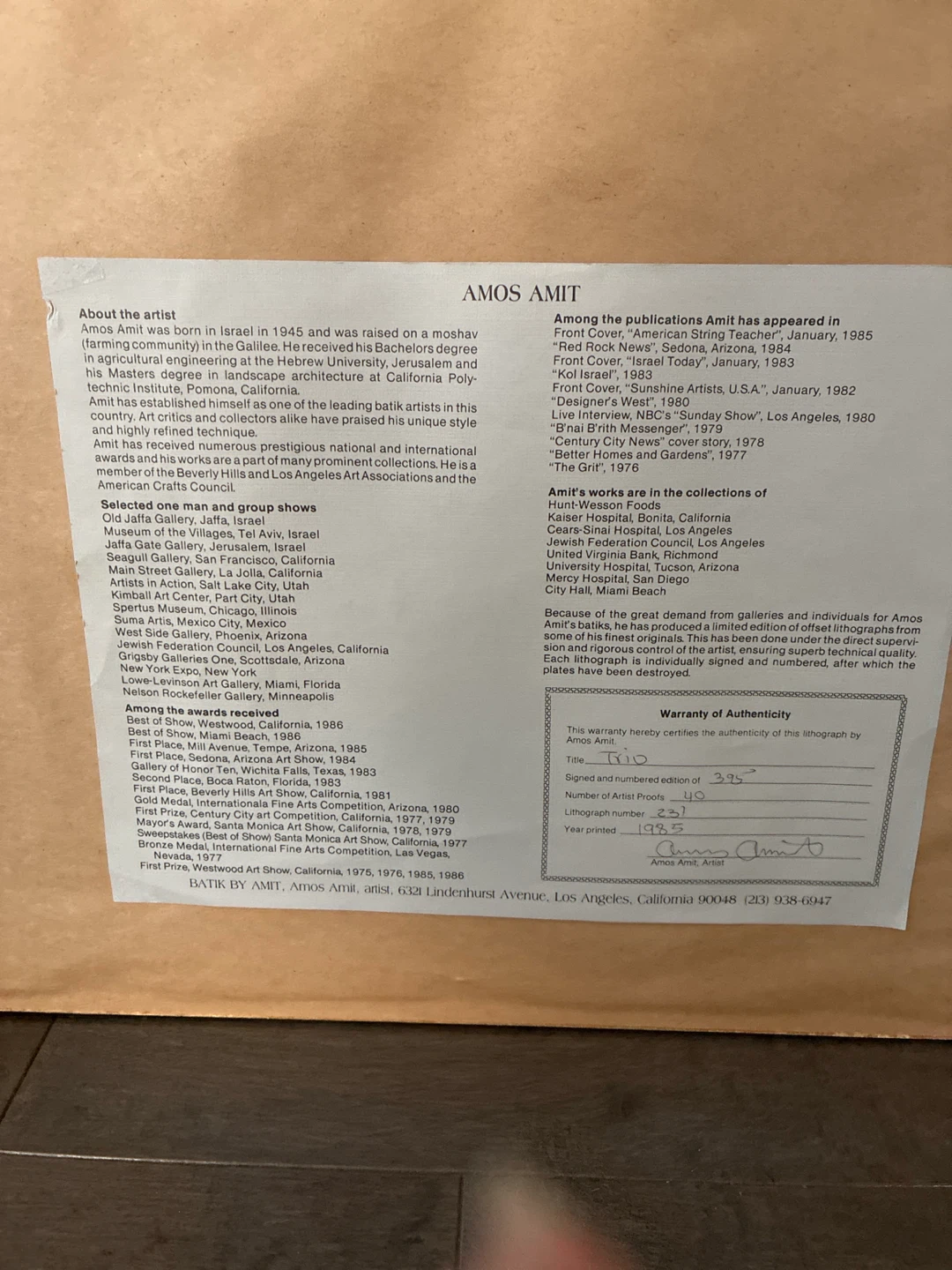 Amos Amit Trio Framed Lithograph - photo 3