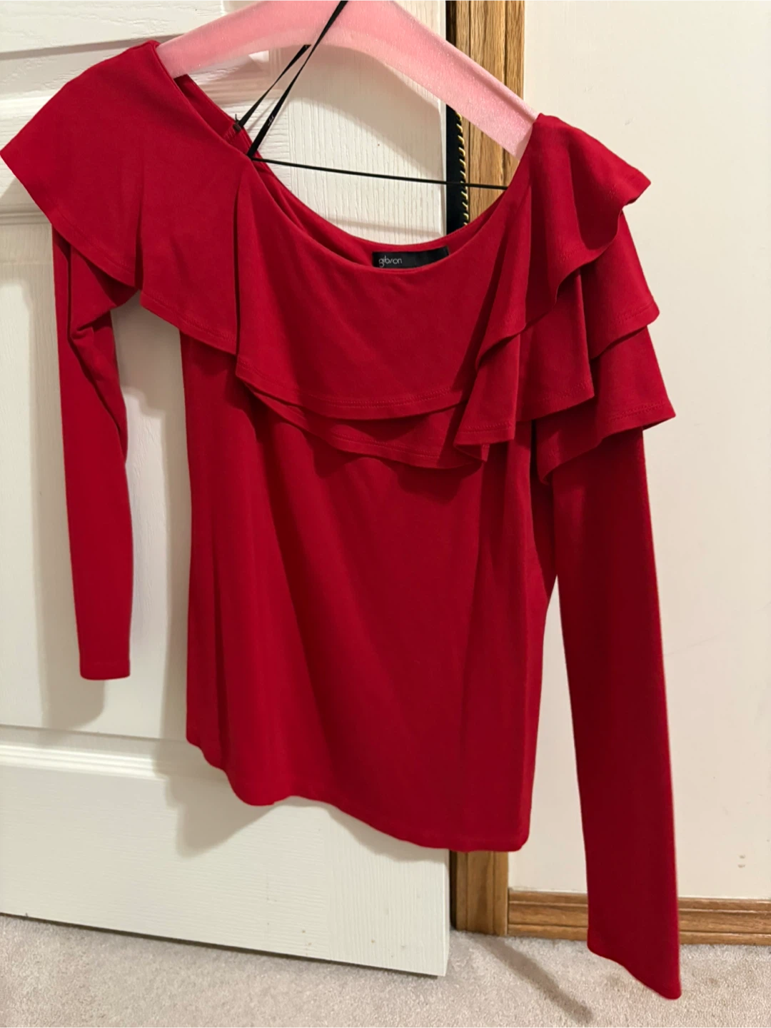 Gibson Red Off the Shoulder Ruffle Top