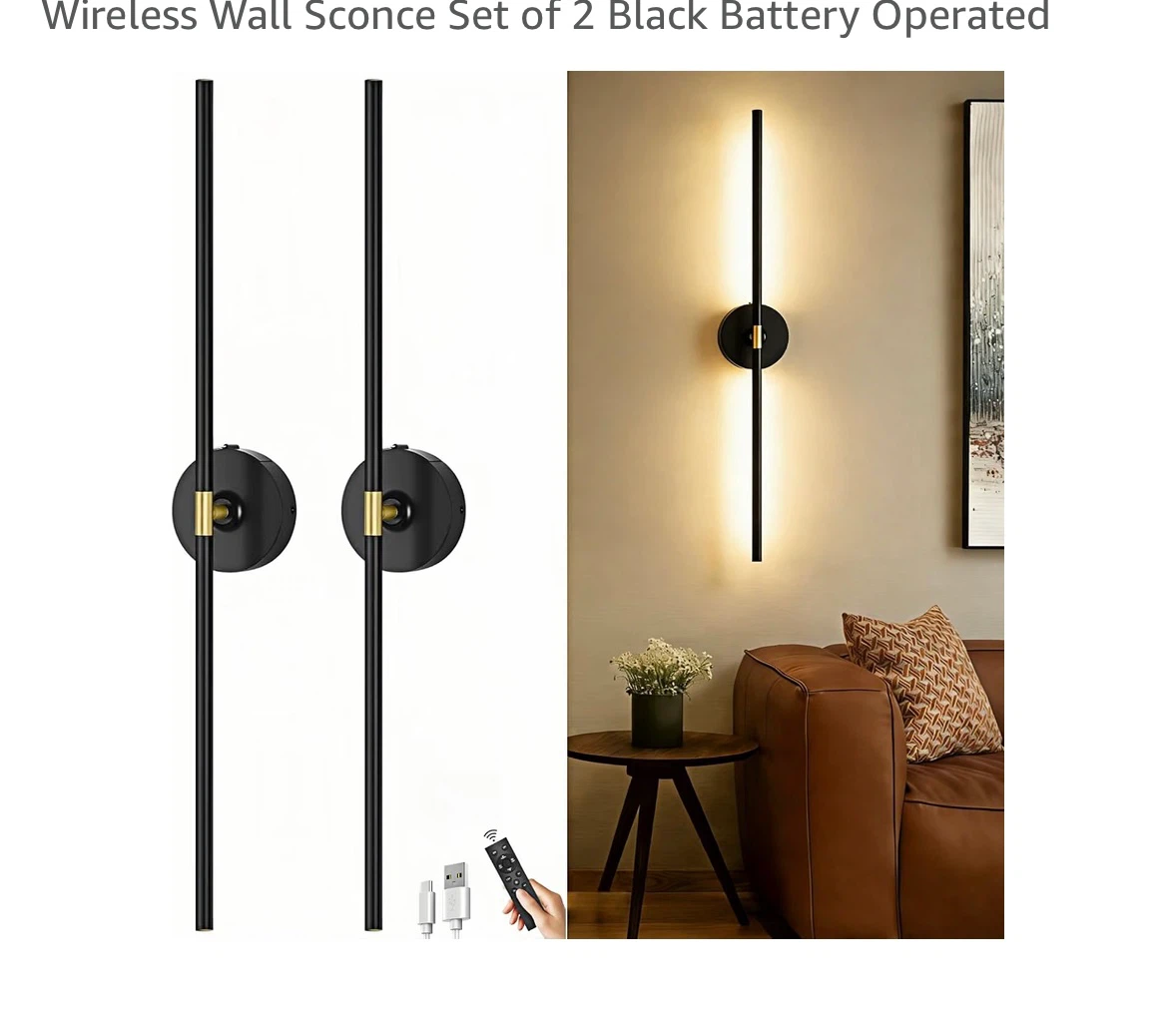 Set of 2 Wireless Black Wall Sconces