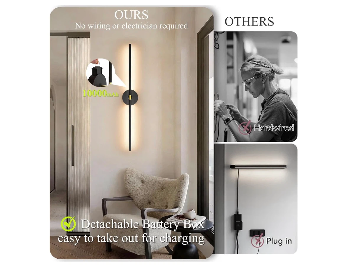 Set of 2 Wireless Black Wall Sconces - photo 4