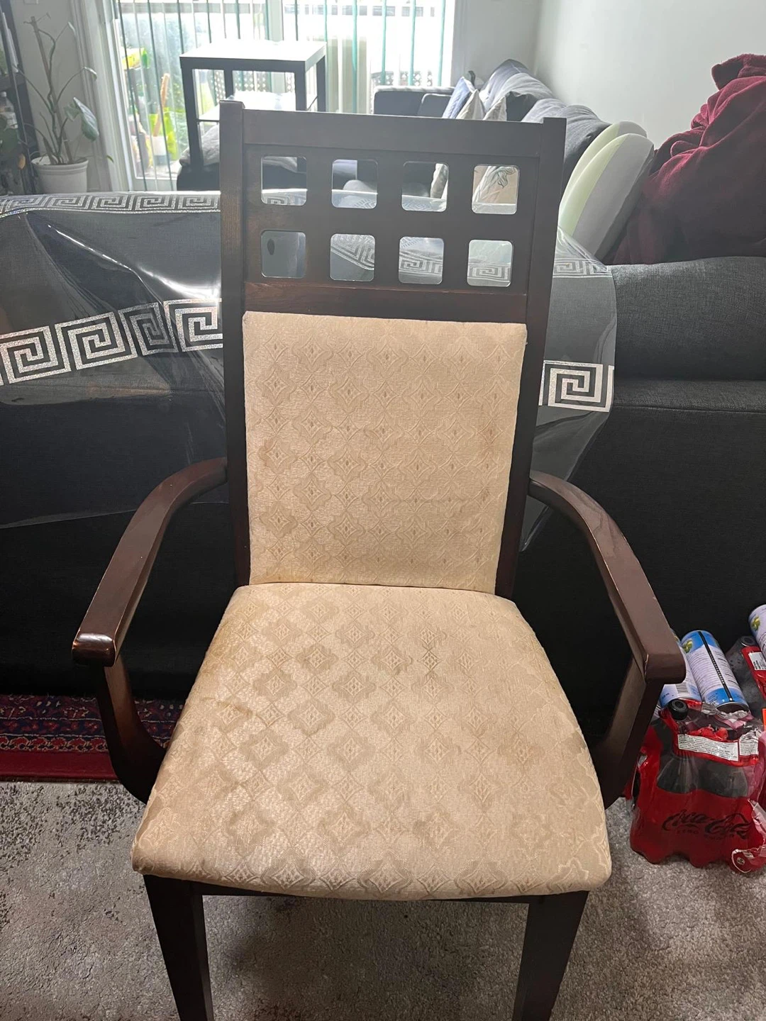 6 dark wood dining chairs with cream upholstery with table - photo 2