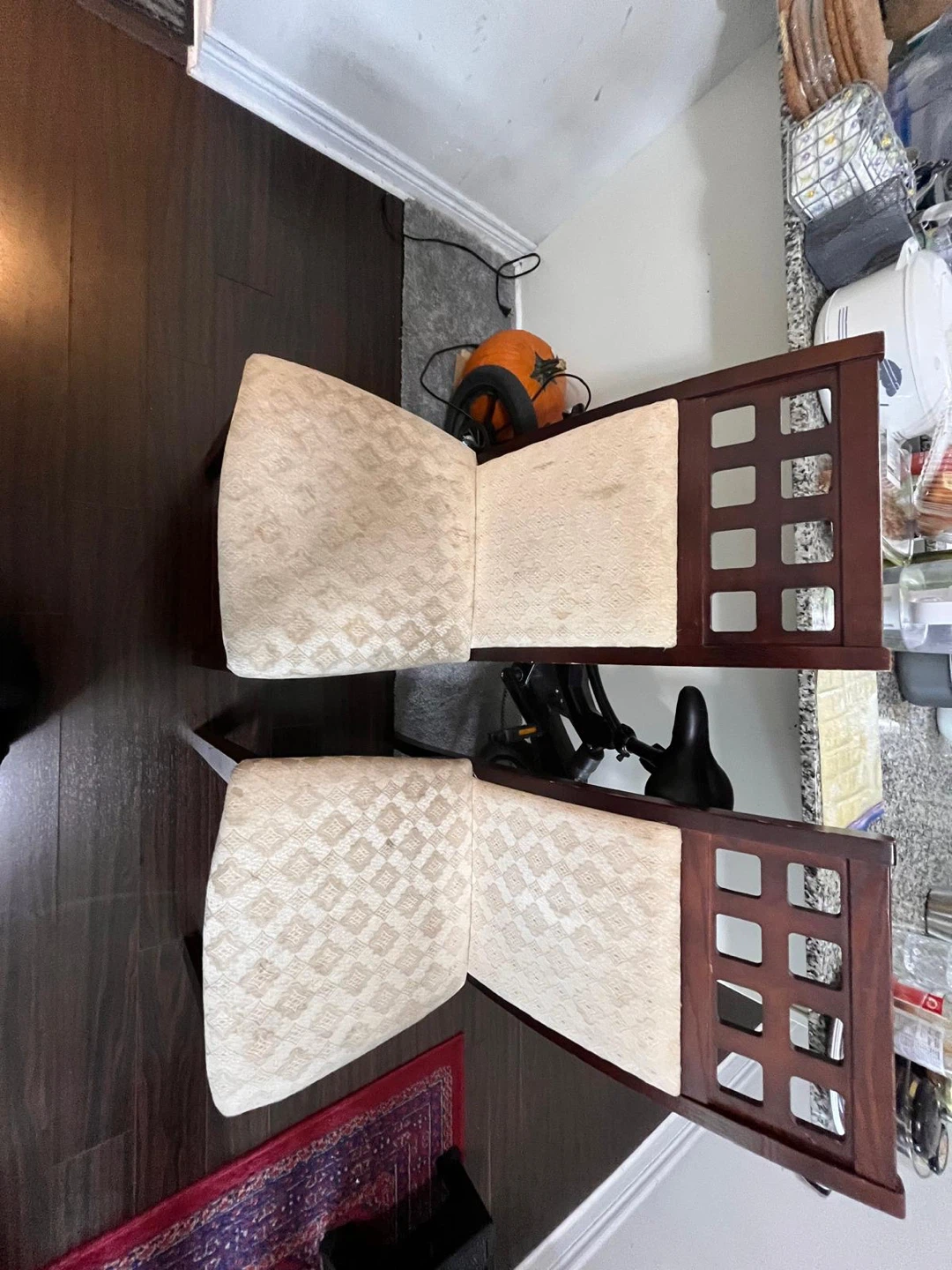 6 dark wood dining chairs with cream upholstery with table - photo 4