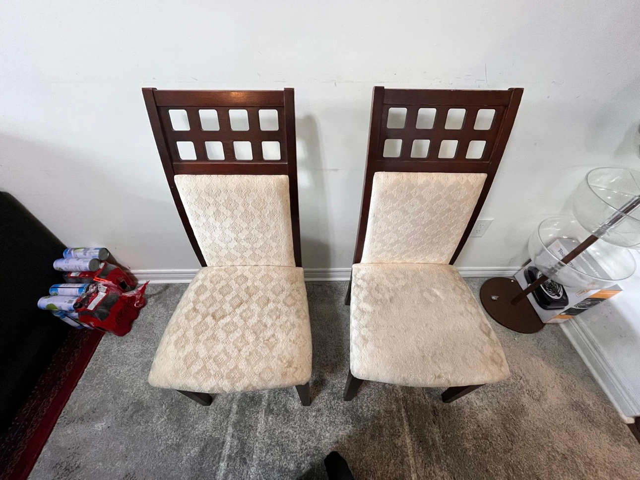 6 dark wood dining chairs with cream upholstery with table - photo 5