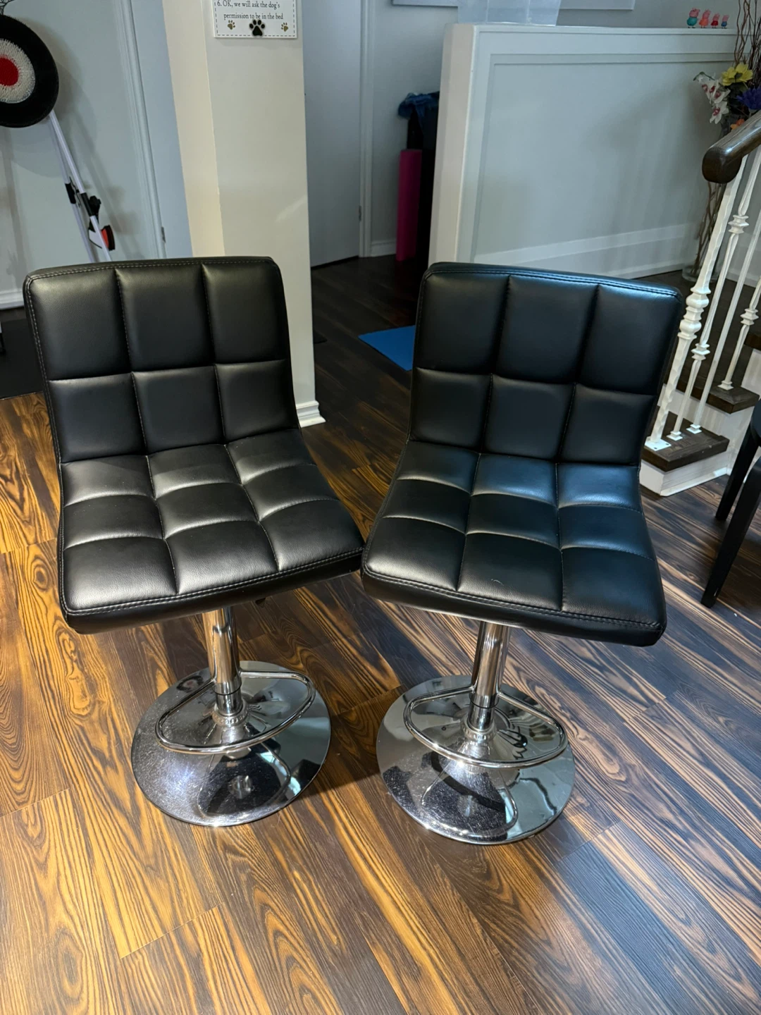 Set of 2 Adjustable Swivel Bar Stools – Black Faux Leather