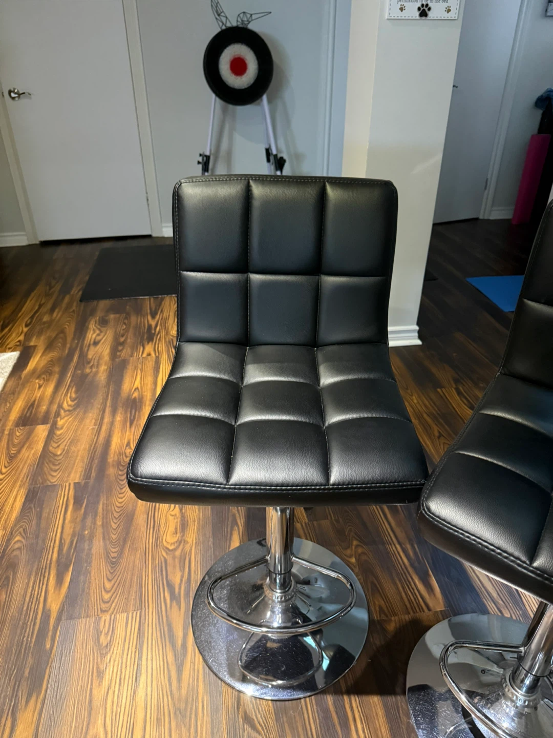 Set of 2 Adjustable Swivel Bar Stools – Black Faux Leather - photo 2