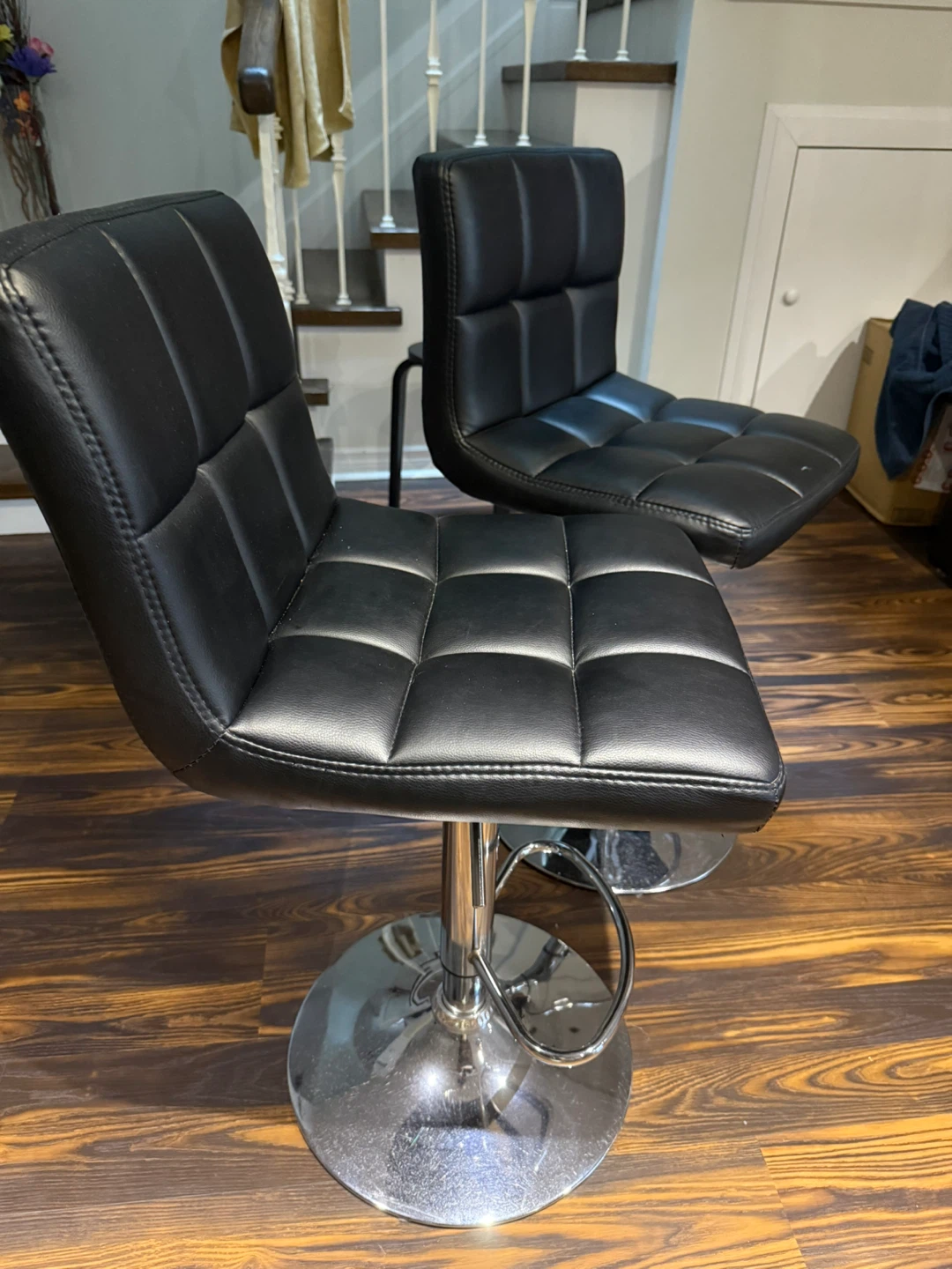 Set of 2 Adjustable Swivel Bar Stools – Black Faux Leather - photo 3