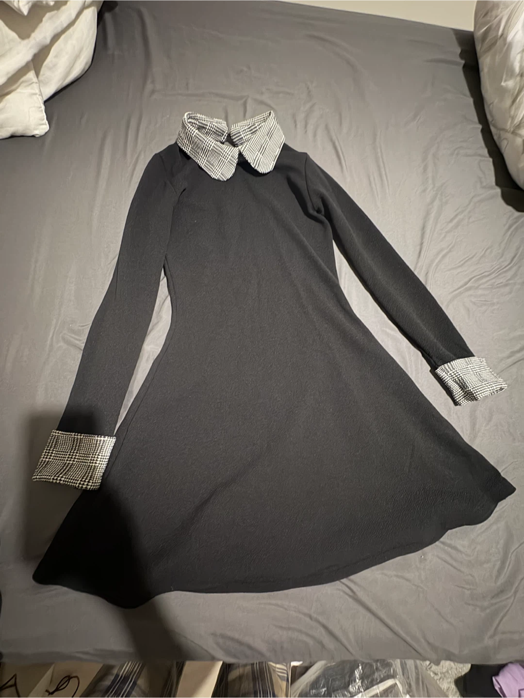 Black Long-Sleeve Dress with Patterned Collar and Cuffs
