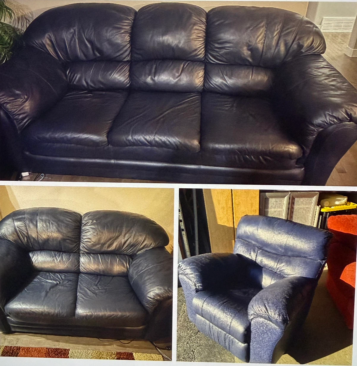 Blue Leather Sofa Set with Reclining Chair