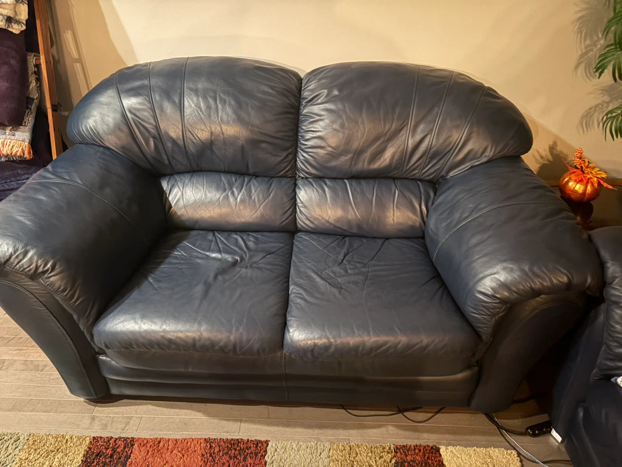 Blue Leather Sofa Set with Reclining Chair - photo 2