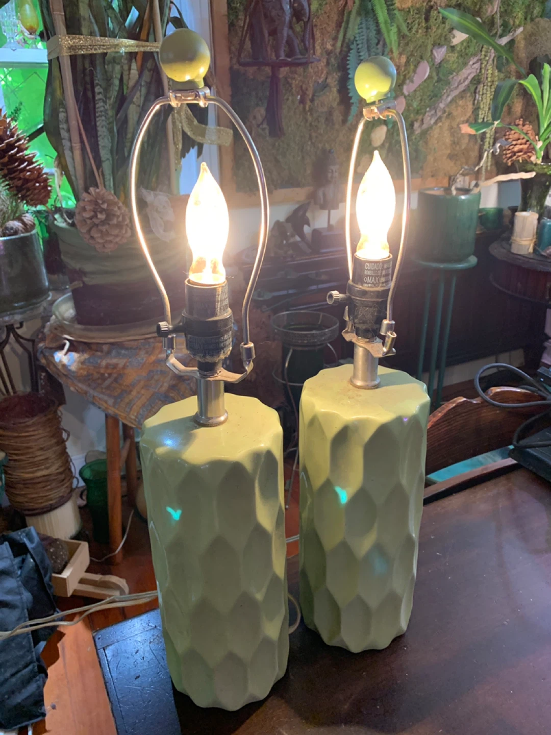 Pair of Mid-Century Modern Green Ceramic Table Lamps.