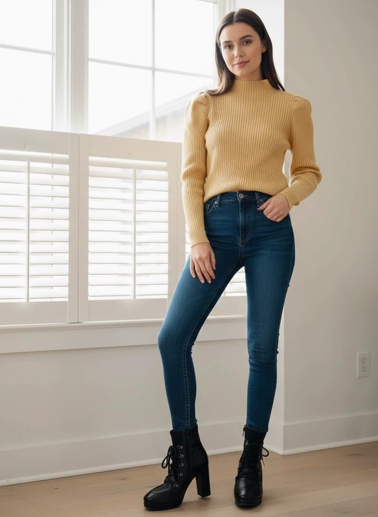 Korean Ribbed Mock Neck Puff Sleeve Sweater - photo 3