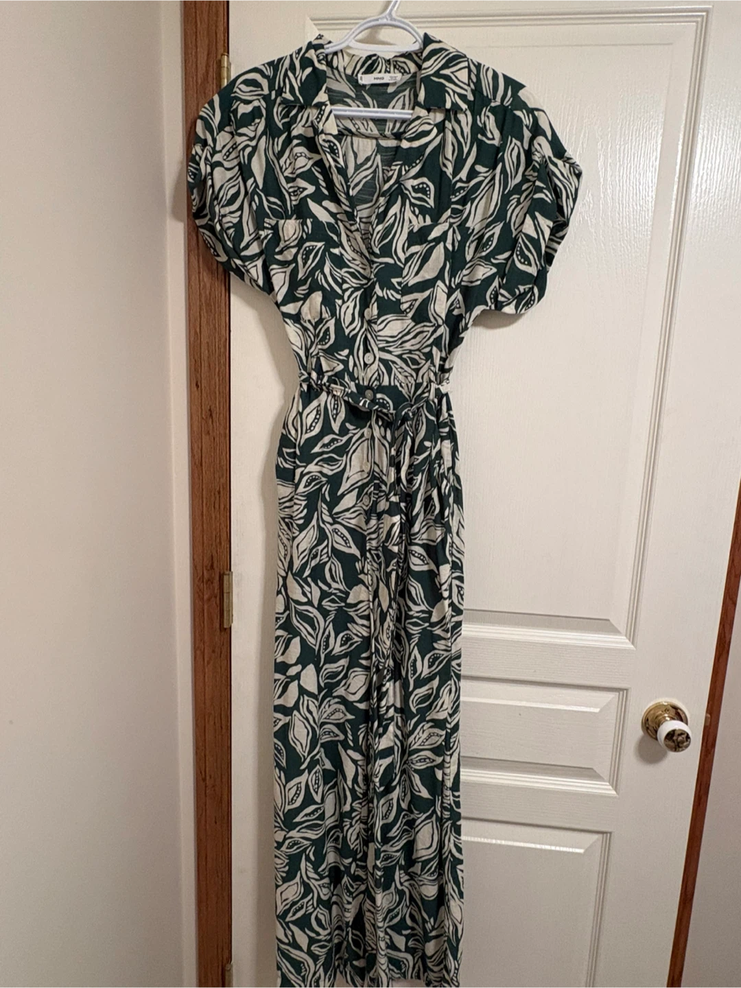 MNG Green Leaf Print Button-Down Jumpsuit