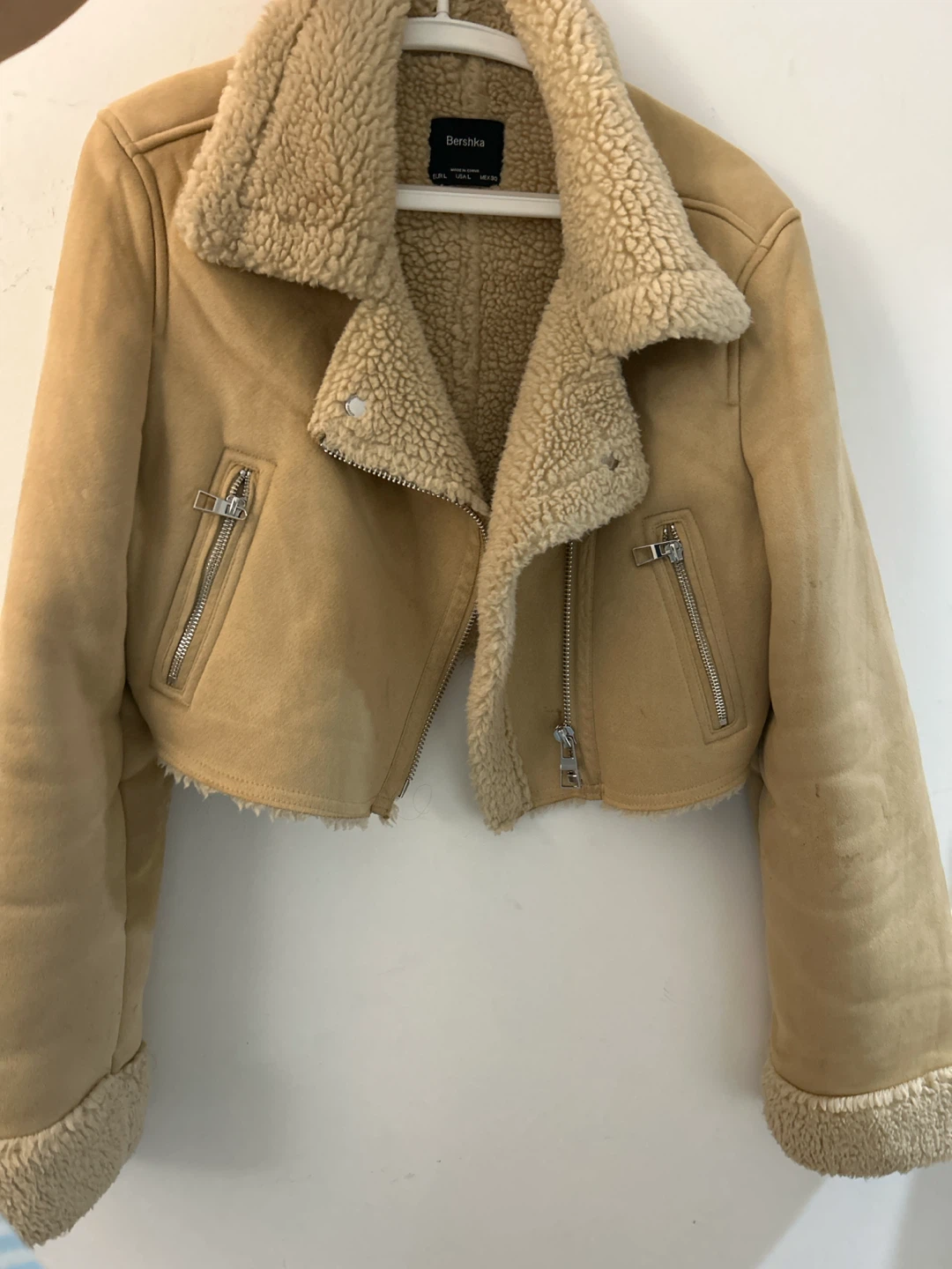 Bershka Faux Shearling Jacket Tan Size L