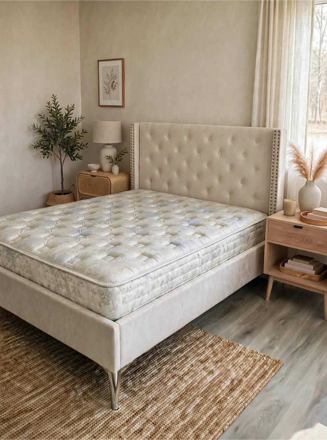 KING SIZE Beige color Bed set with Mattress- like new condition