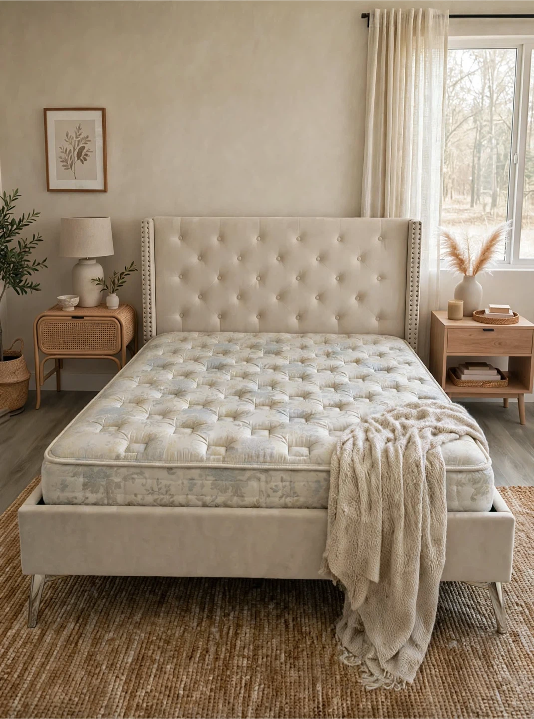 KING SIZE Beige color Bed set with Mattress- like new condition - photo 2