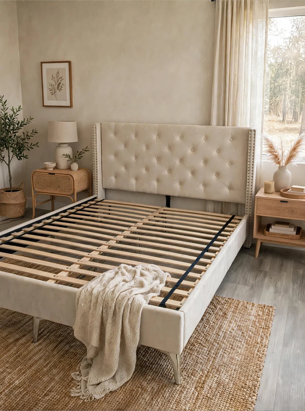 KING SIZE Beige color Bed set with Mattress- like new condition - photo 3