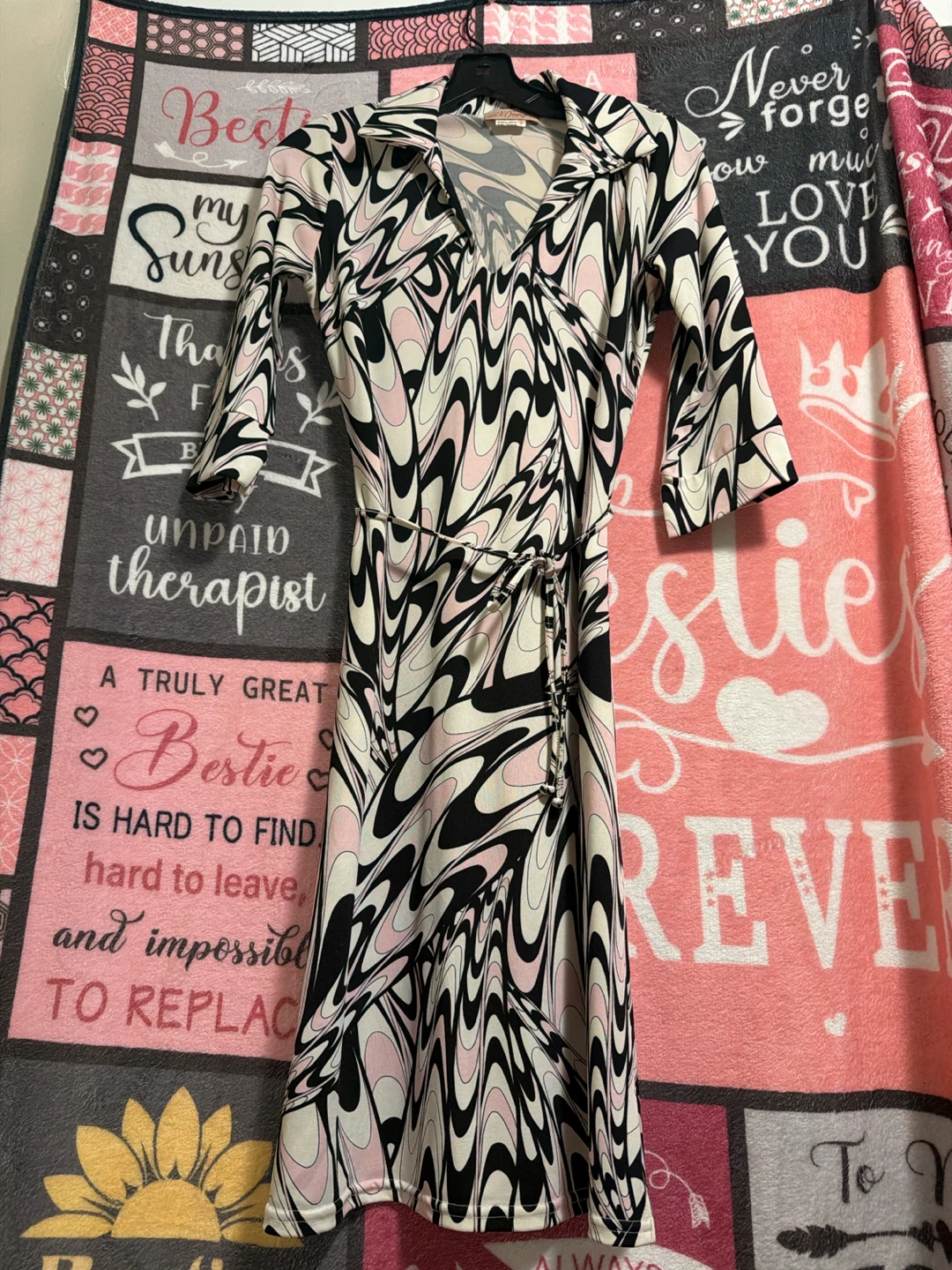 Pink and Black Swirl Print Wrap Dress