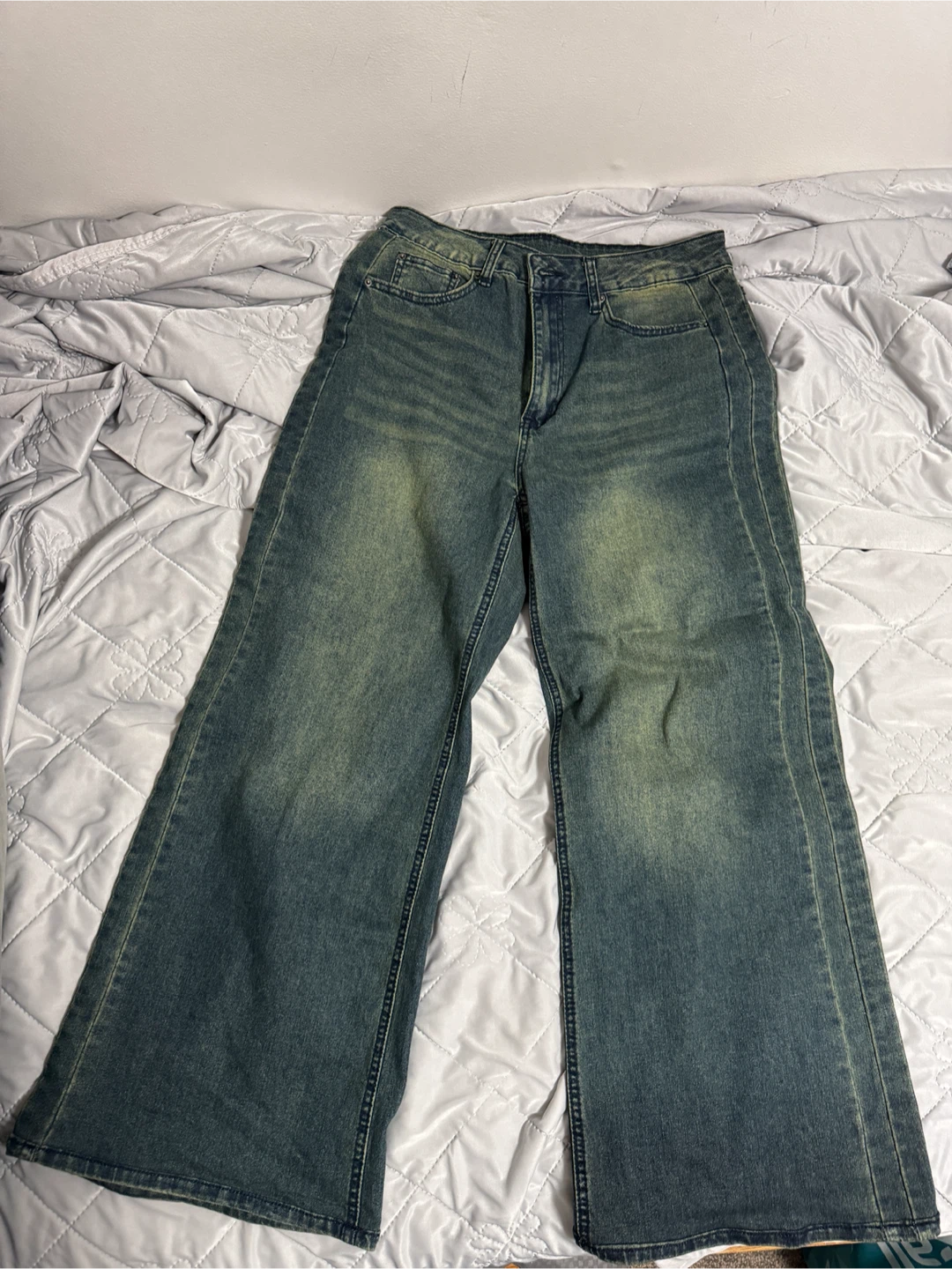 Green-Blue Denim Wide-Leg Jeans