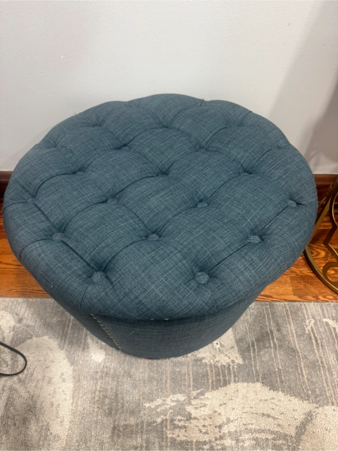 Pair of Blue Tufted Round Storage Ottoman