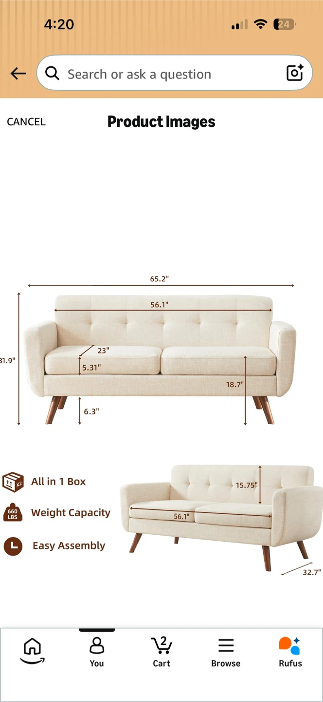 Sofa two-seat beige mid-century style loveseat - photo 4