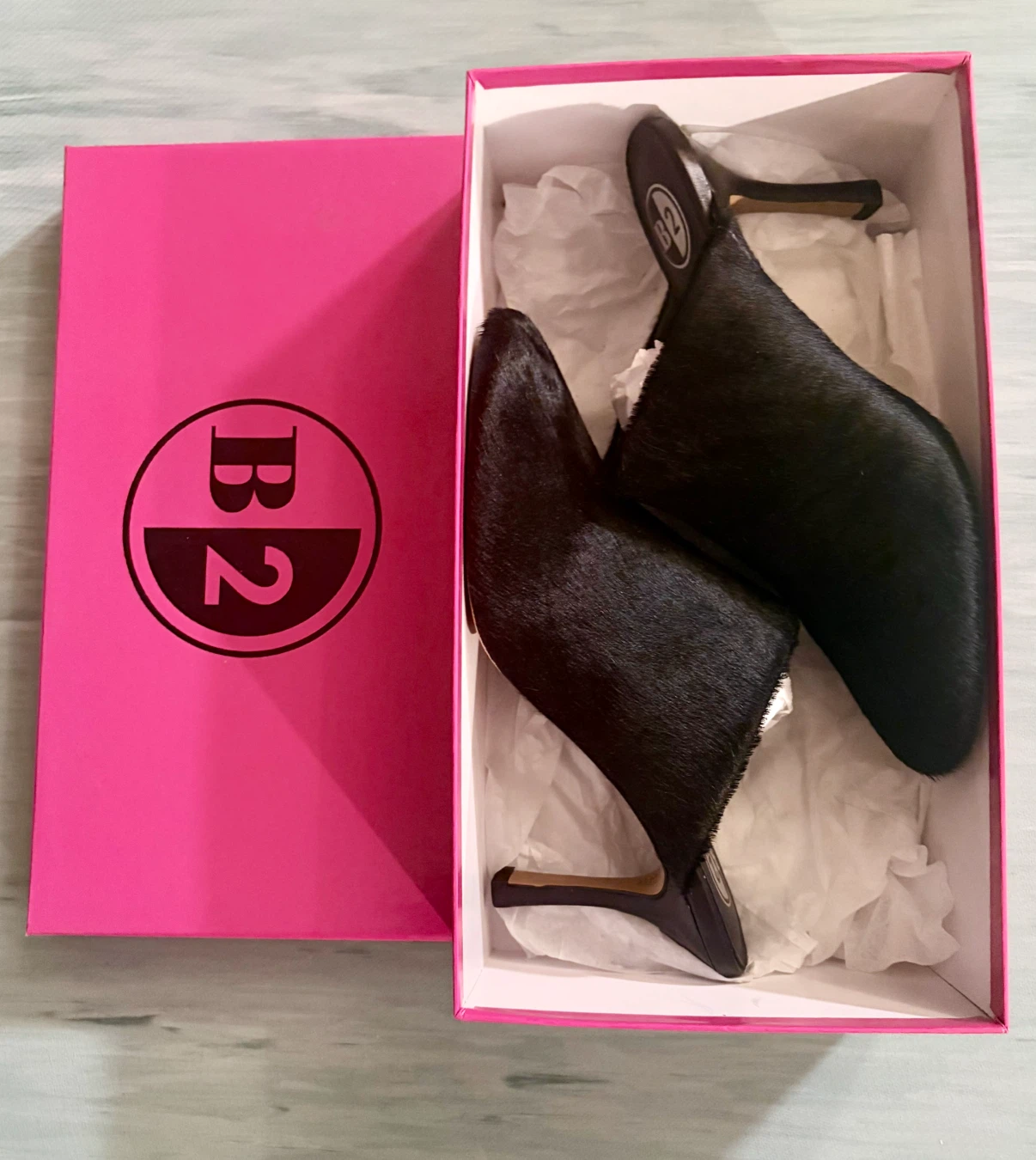 B2 Copenhagen Mule Black Pony Fur Heels