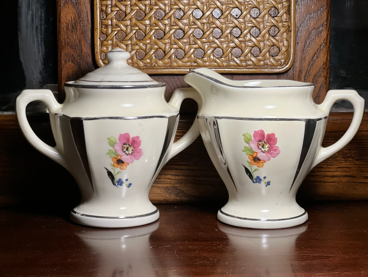 Vintage Art Deco Floral Ceramic Sugar Bowl & Creamer Set 🏈