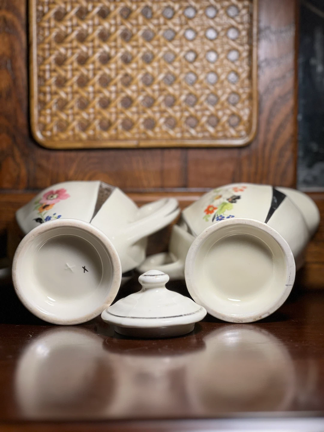 Vintage Art Deco Floral Ceramic Sugar Bowl & Creamer Set 🏈 - photo 4