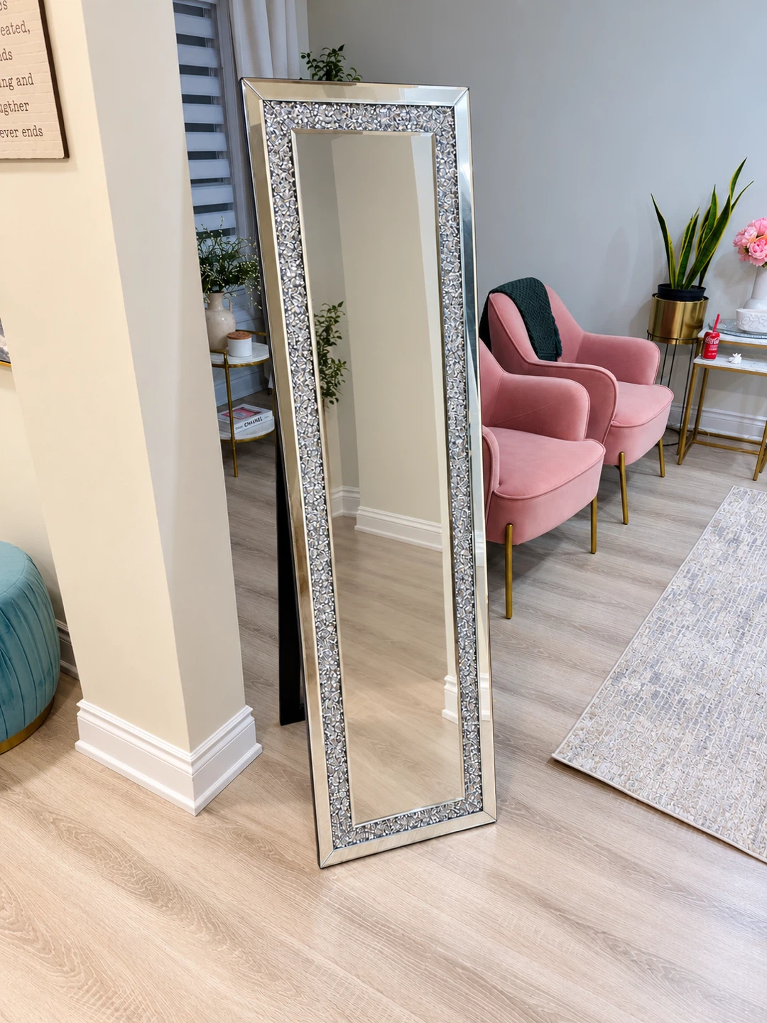 Full-Length Beveled Mirror with Crushed Crystal Frame