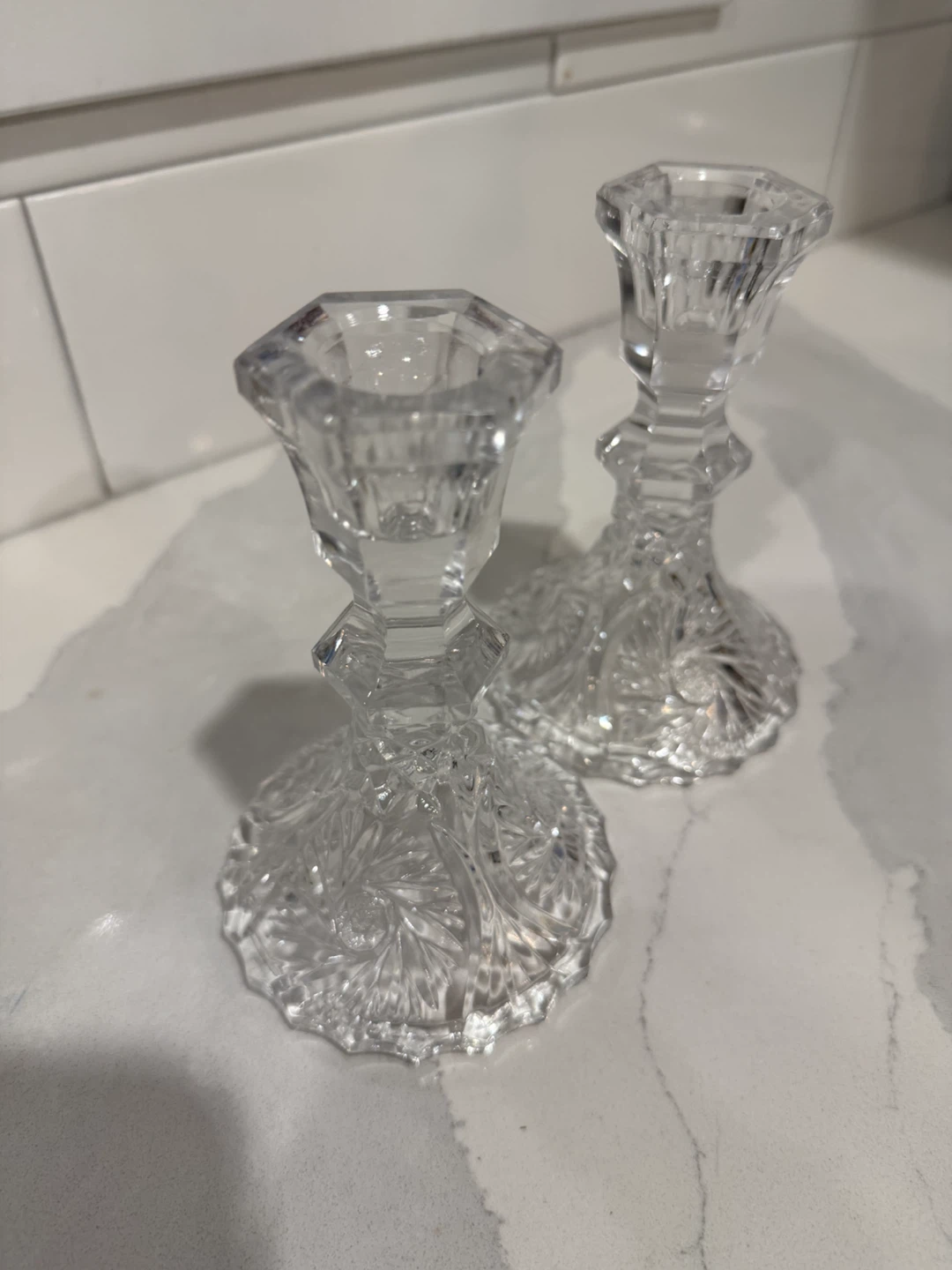 Set of Two Pinewheel Glass Candlesticks