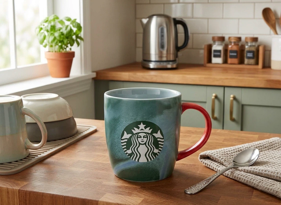 Starbucks Green Swirl Mug with Red Handle