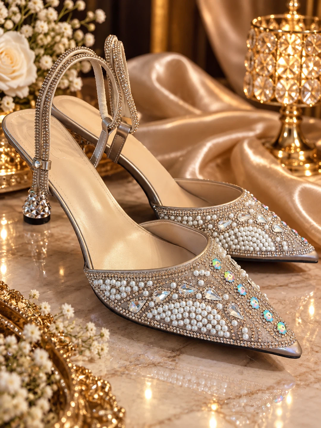 Bejewelled Champagne Pointed Slingback Heels