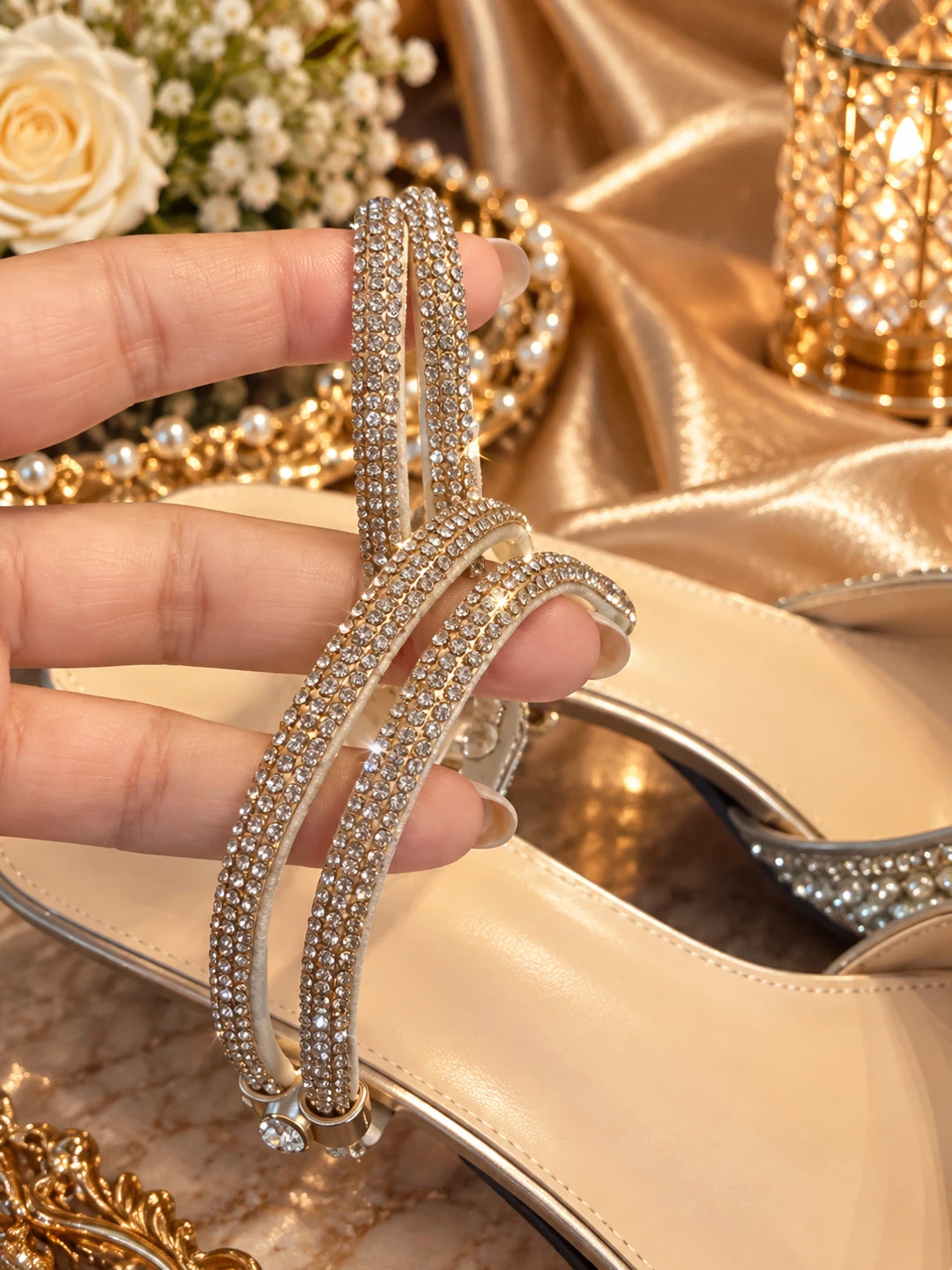 Bejewelled Champagne Pointed Slingback Heels - photo 5