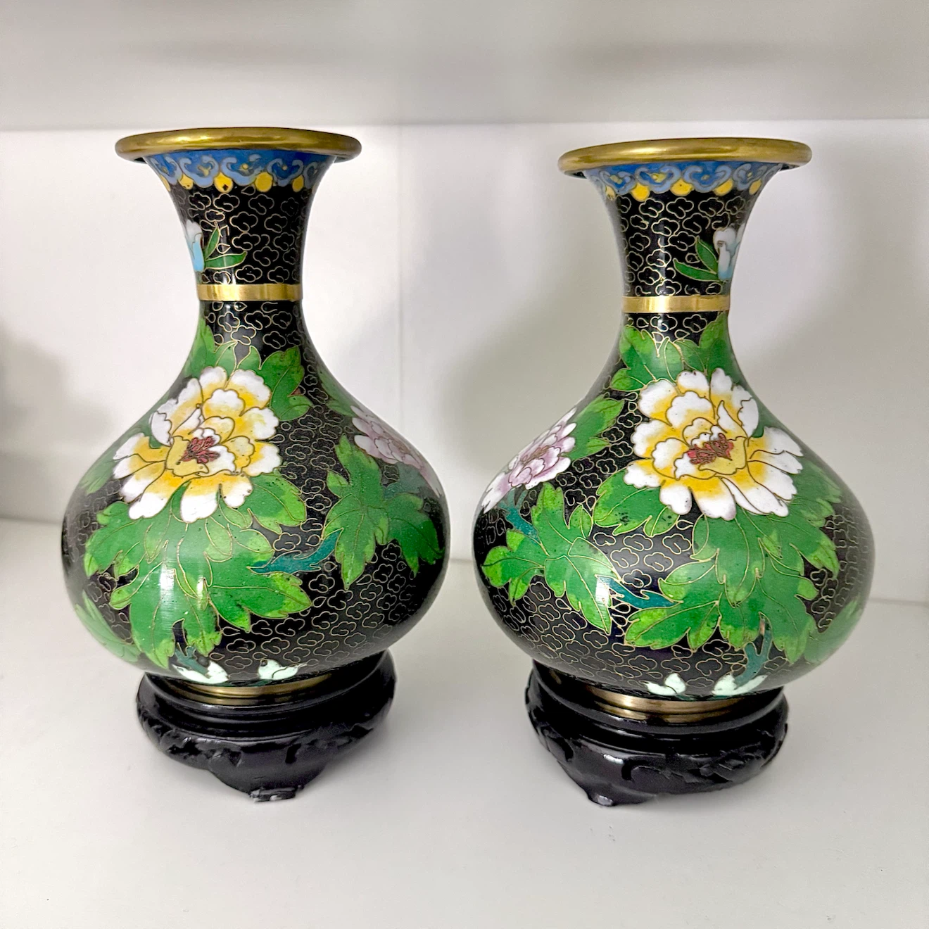 Pair medium sized black cloisonné vases