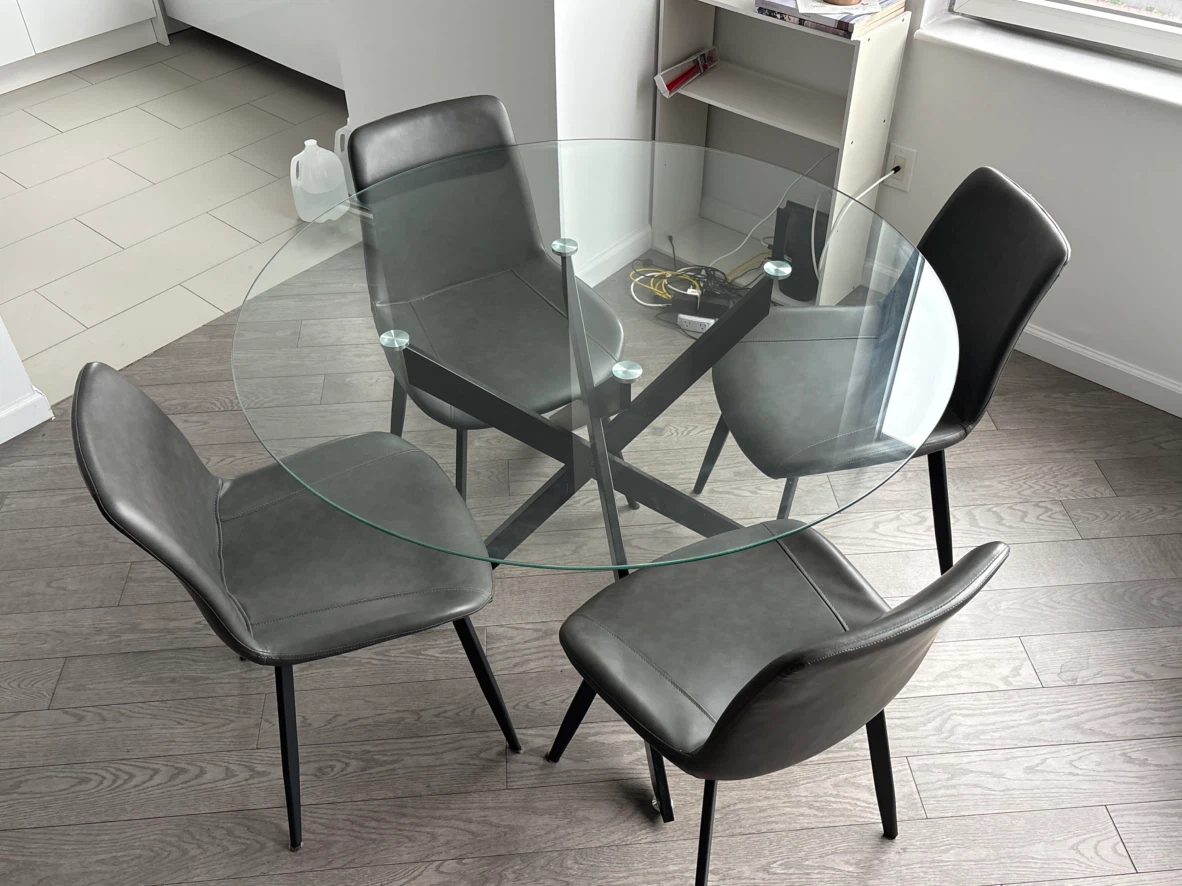 Dining table set 4 chairs, round glass table