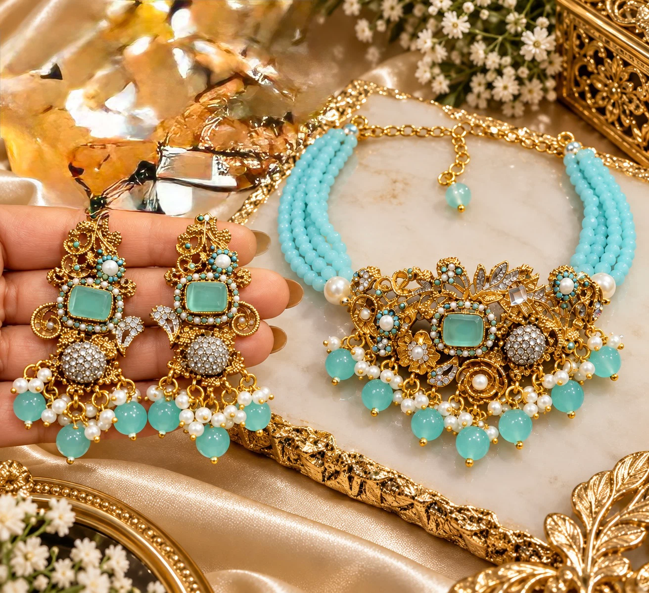 Baby blue Turkish choker set