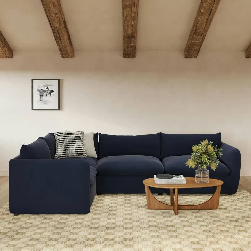 Navy Blue Large L-shaped Velvet Sofa