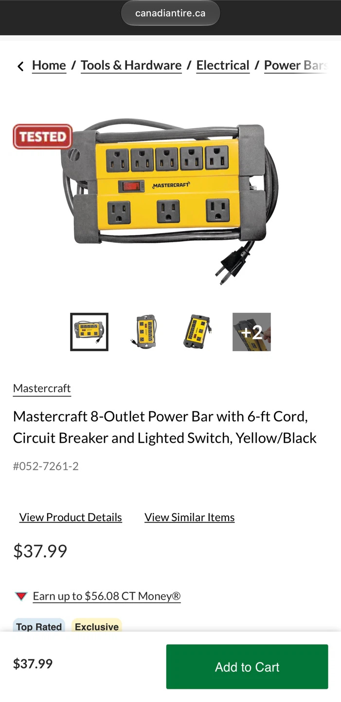 Mastercraft Extension 1875W 15A - heavy, 8 outlet Power bar