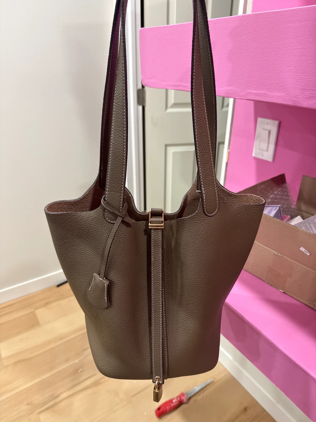 Taupe Leather Bucket Bag with Gold-Tone Hardware