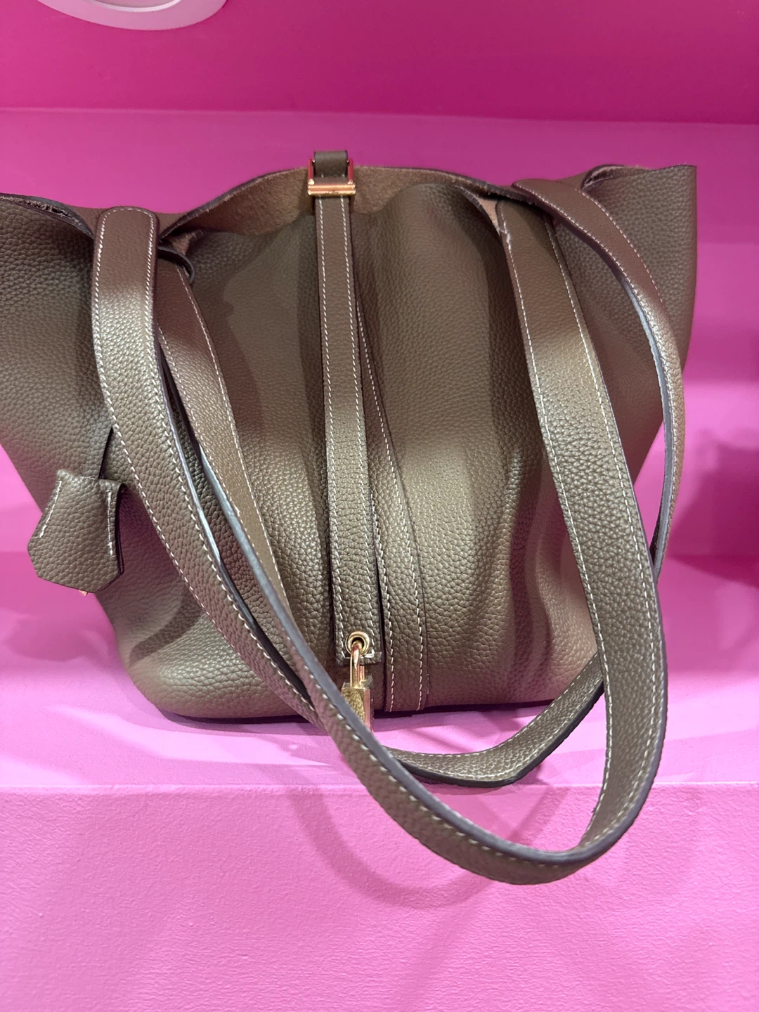 Taupe Leather Bucket Bag with Gold-Tone Hardware - photo 2