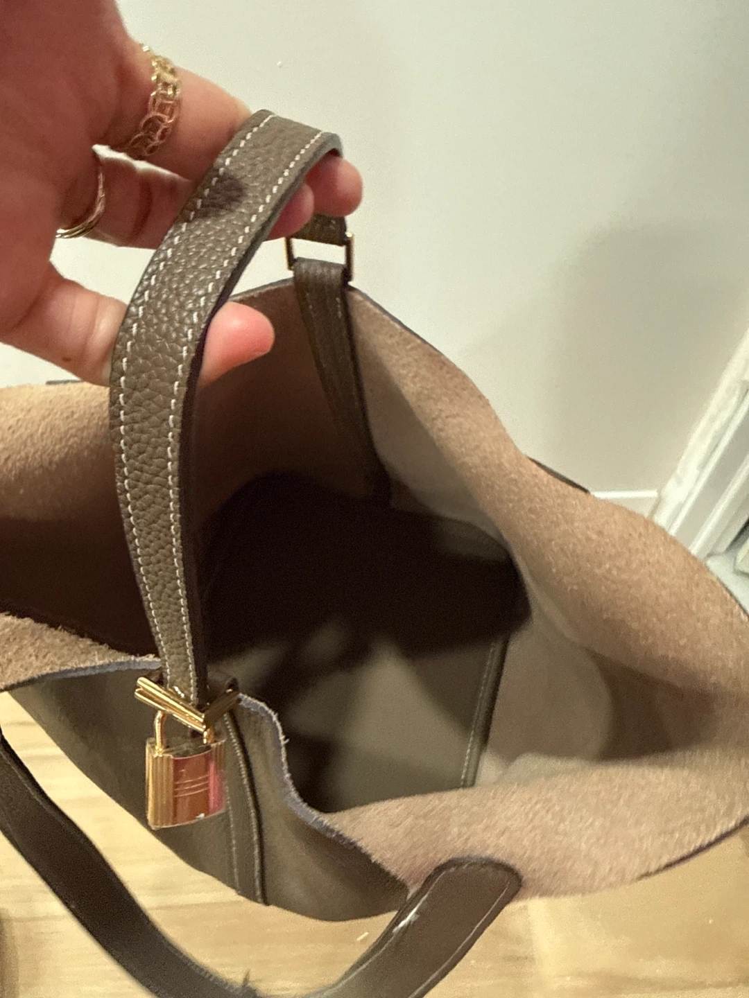Taupe Leather Bucket Bag with Gold-Tone Hardware - photo 4