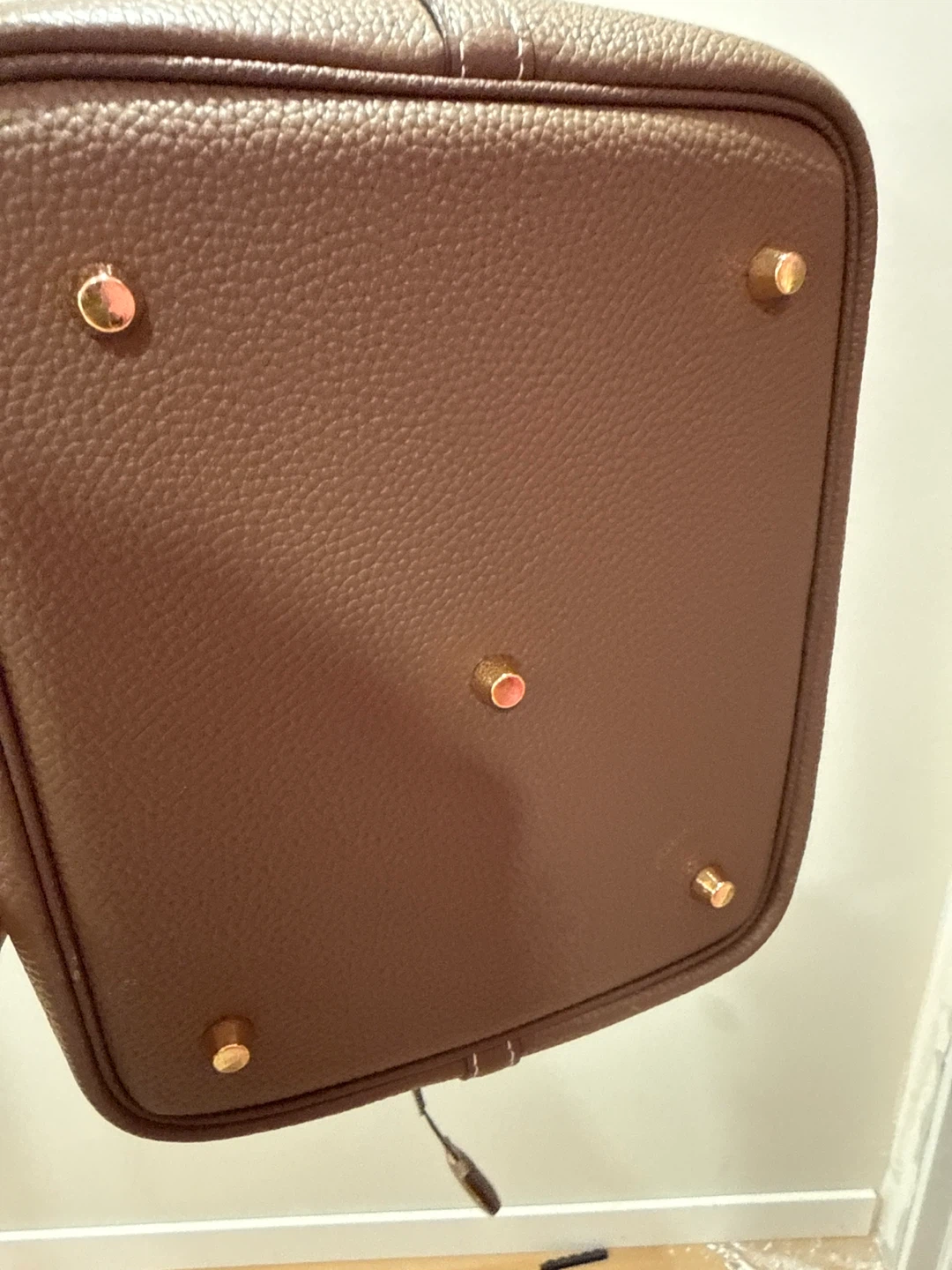 Taupe Leather Bucket Bag with Gold-Tone Hardware - photo 5