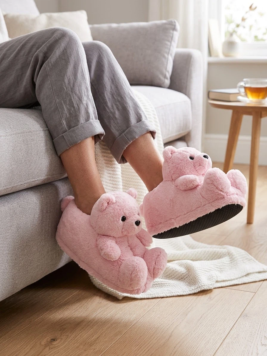 Pink Teddy Bear Plush Slippers