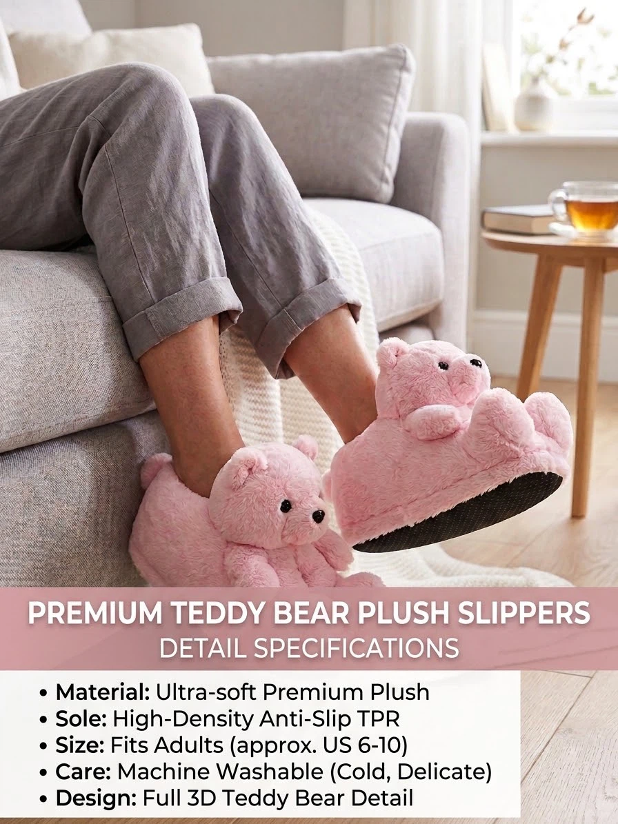 Pink Teddy Bear Plush Slippers - photo 2