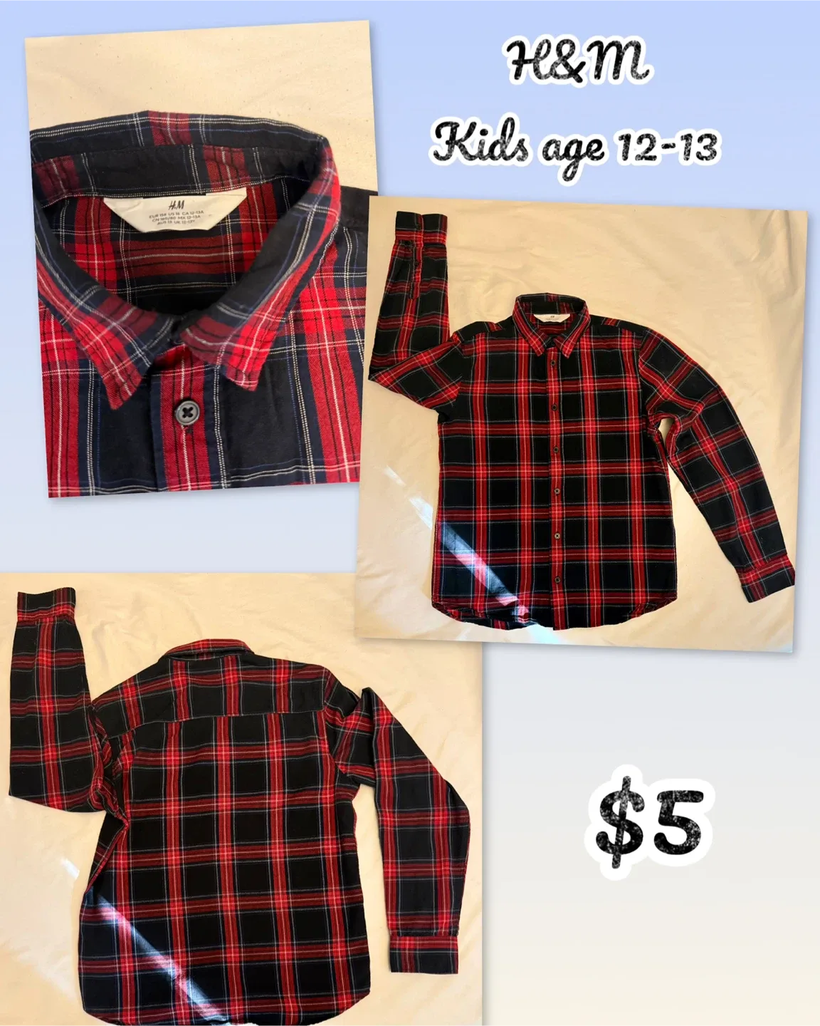 H&M Kids Plaid Long Sleeve Shirt 12-13Y