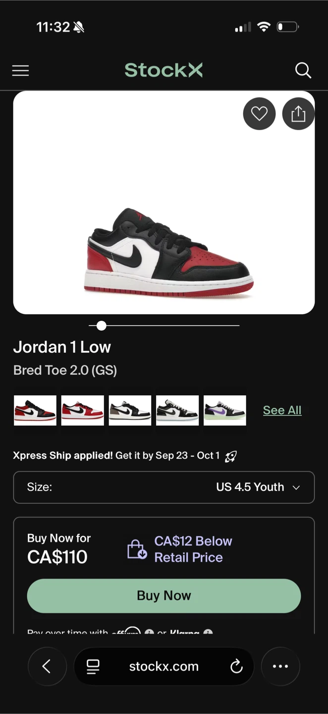Air Jordan 1 Low Bred Toe 2.0 (GS) - Size 4.5Y - photo 2