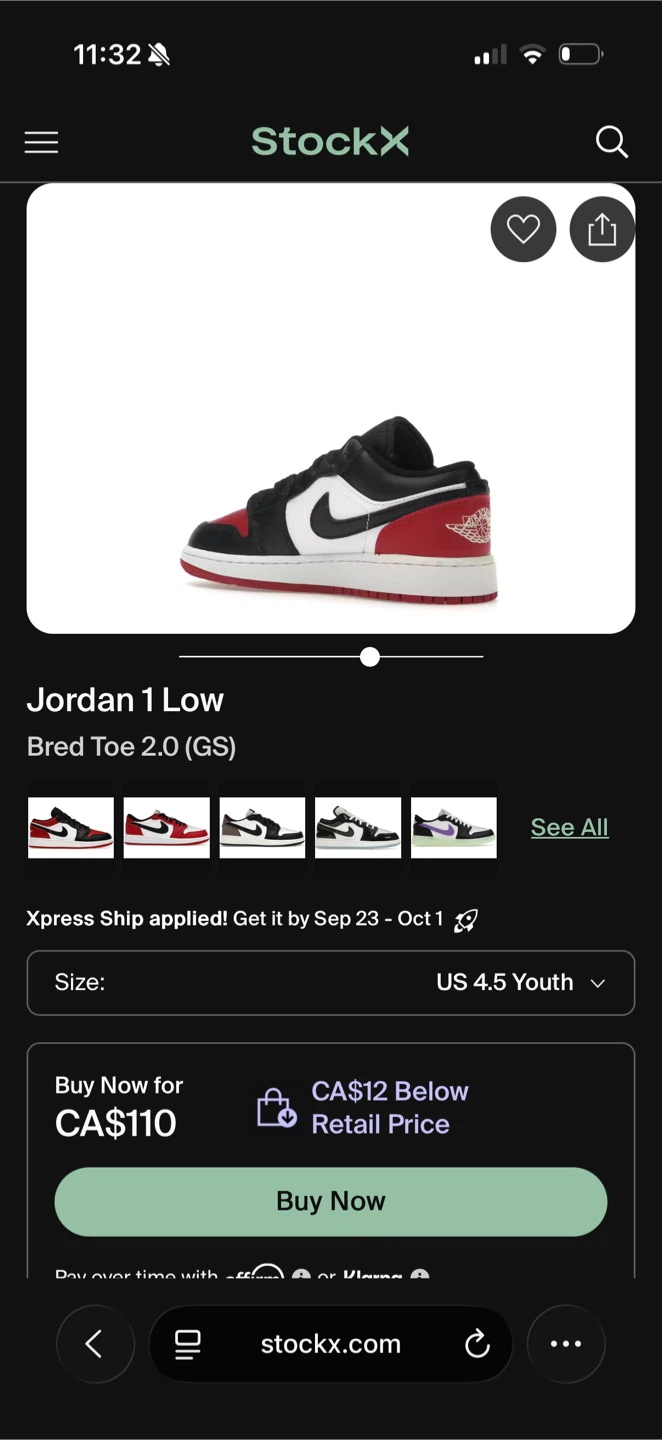 Air Jordan 1 Low Bred Toe 2.0 (GS) - Size 4.5Y - photo 3