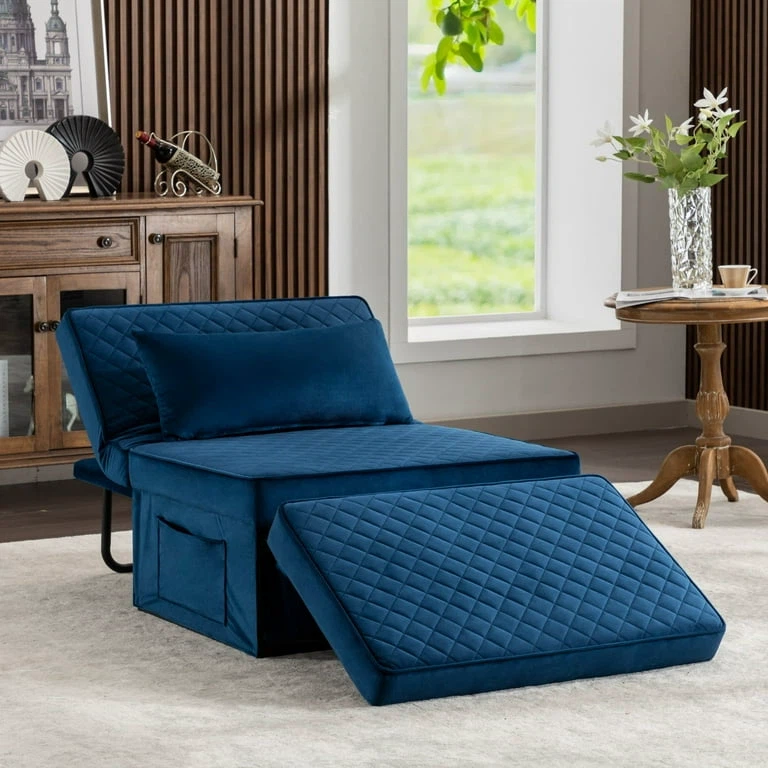 New 4 in 1 Blue Breathable Velvet Ottoman couch bed - photo 2