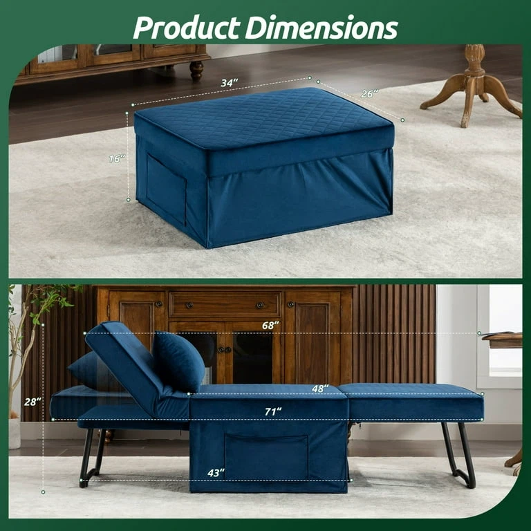 New 4 in 1 Blue Breathable Velvet Ottoman couch bed - photo 3