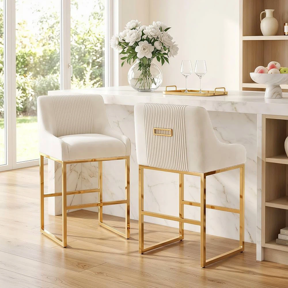 New Set of 2 Beige / cream 24” Velvet Counter Height Bar Stools